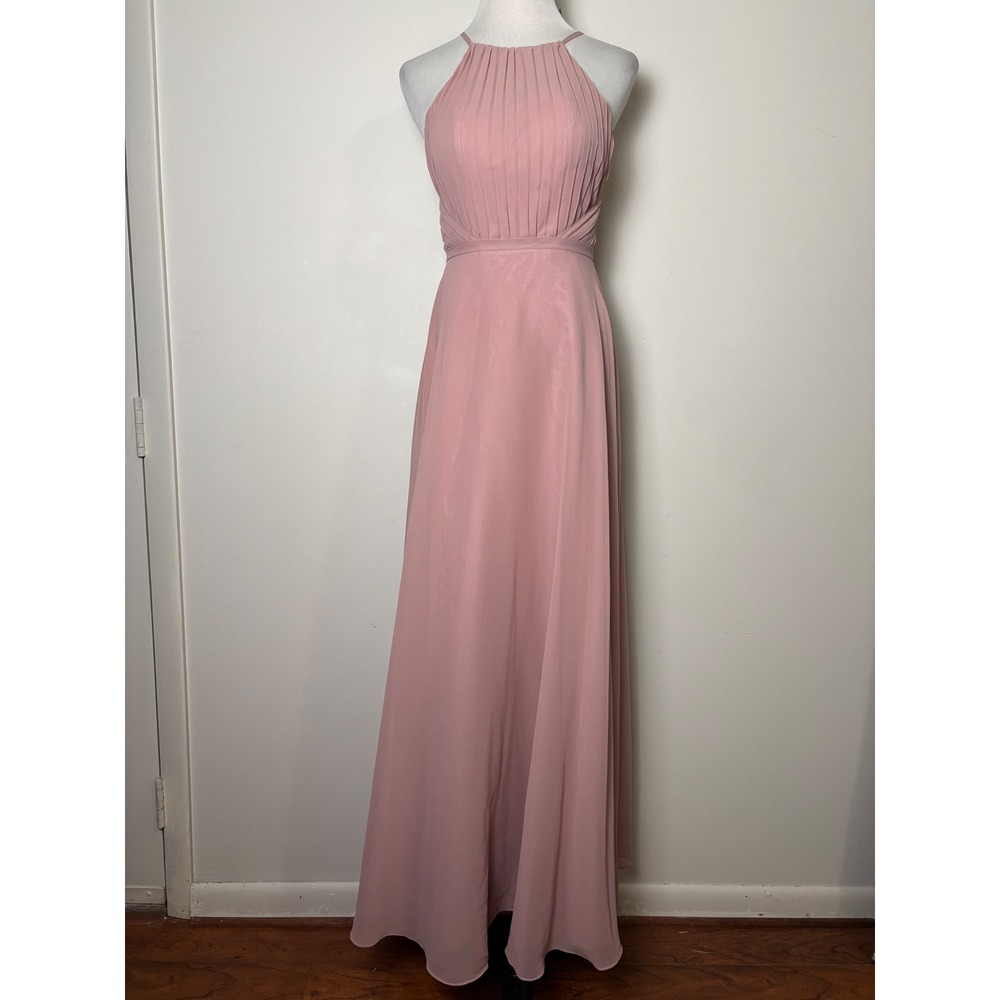 Azazie Pink Bridesmaid Dress Size 0 Halter Neck Chiffon A-Line Formal Maxi